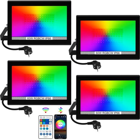 4 Projecteur LED, 60W RGB, Bluetooth, Télécommande, IP66, Extérieur, Jardin, Fête