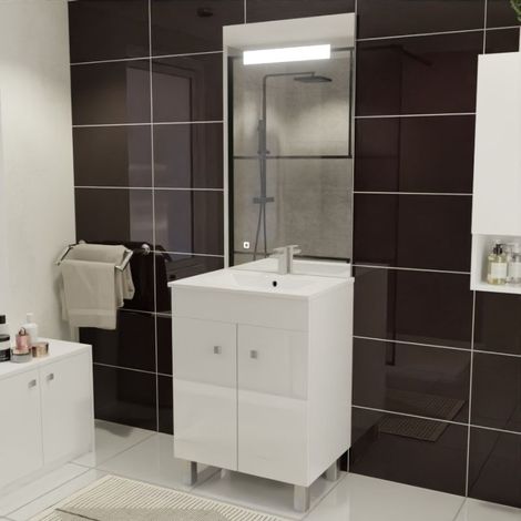Cuisibane – Meuble bas de salle de bain 60 cm avec plan vasque céramique 61x46,5 cm – Miroir LED 60 cm hauteur 105 cm – 2 portes et 4 pieds PVC aspect alu - ht105