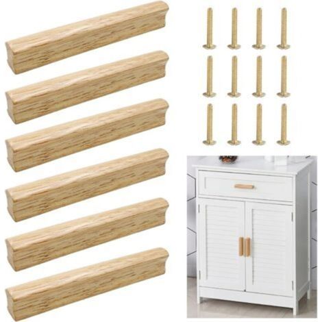 6 tiradores de madera para puertas de cocina con tornillos, distancia entre orificios de 128 mm, tiradores de madera para armarios, cómodas, cajones y otros muebles -Crezuo