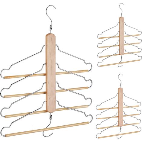 Juego de 3 perchas multiusos con 4 perchas, perchas para camisas, gancho de metal, madera de loto, natural