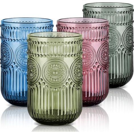 Drinking Glasses, ml Juice and Soda Glasses, Vintage Floral Embossed Water Glasses, Table Glass for Whiskey, Cocktail, Tea, Orange, Dishwasher Safe (1/5)