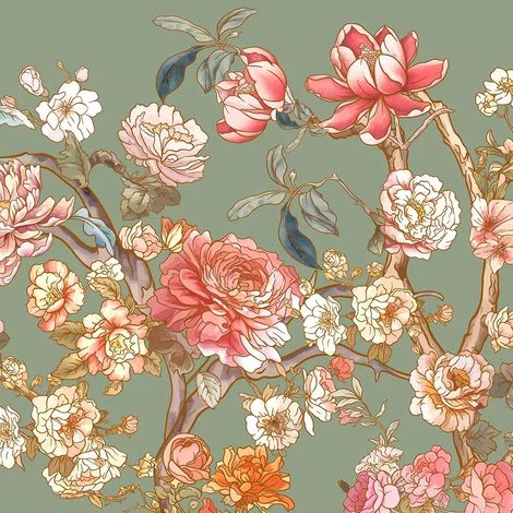 papier peint panoramique des fleurs romantiques vert et rose - Sanders & Sanders (1/5)