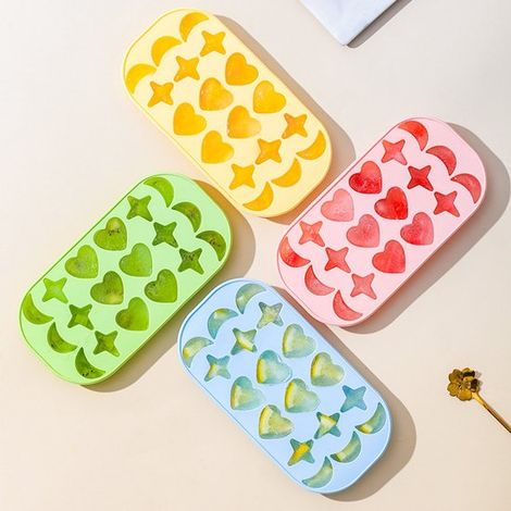 Bandeja de silicona para cubitos de hielo de 4 piezas con 3 formas (corazón, estrella, luna) Apta para alimentos y fácil de desmoldar (1/5)