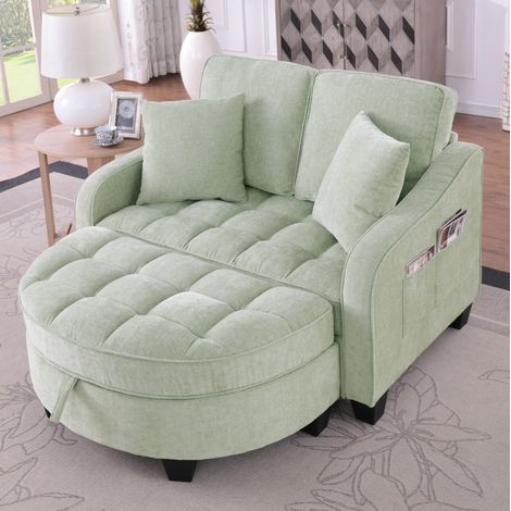 Sofá cama 2 en 1 con otomana de almacenaje, tela transpirable y madera de eucalipto, cian (1/5)