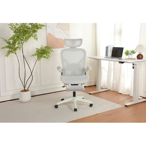 Sedia da Ufficio in Mesh con Poggiatesta 3D, Supporto Lombare Regolabile, Schienale Pieghevole, Grigio (1/5)
