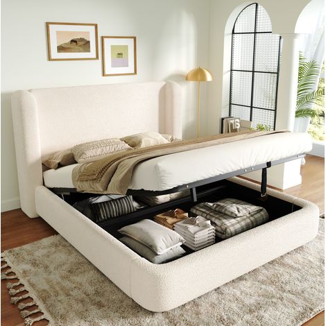 Lit coffre double 160x200 cm en tissu bouclé beige avec sommier, rangement intégré pour chambre (1/5)