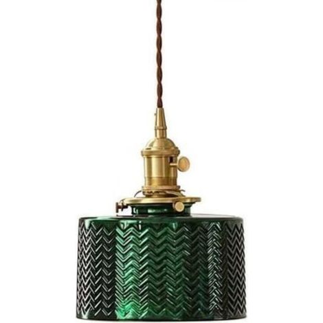 Pendant light with round ribbed glass shade, retro industrial loft style, E27 pendant lamp for bedroom, dining room, kitchen (green) (1/4)