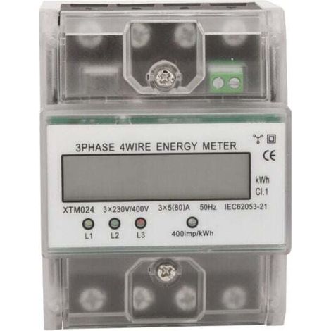Contatore di energia trifase a 4 fili, 220/380 V, 5-80 A, consumo energetico kWh, montaggio su guida DIN, contatore elettrico digitale con schermo LCD retroilluminato, modello: Trasparente (1/4)