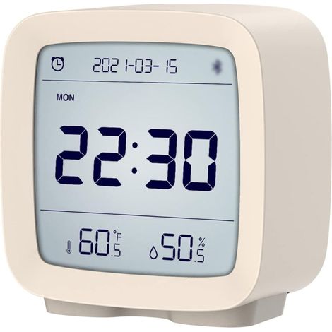 Bluetooth-Wecker mit Temperatur- und Feuchtigkeitsüberwachung, sanfter Hintergrundbeleuchtung, Beige (16 Alarme)