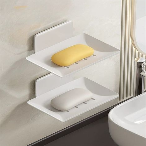 Porte-savon mural non perforé Lot de 2 blanc, porte-savon en aluminium gris, porte-savon mural, étagère de rangement pour salle de bain