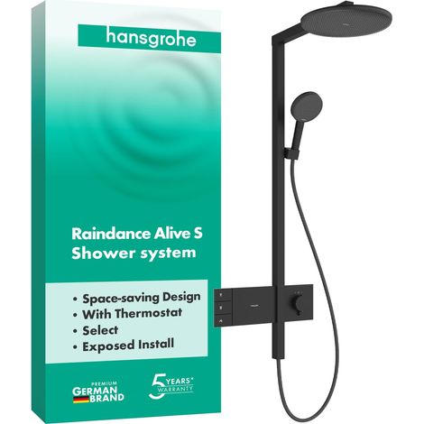 Colonne de douche avec mitigeur thermostatique, douche pluie (300 mm), douchette, support, tuyau de douche, barre et tête de douche 2 jets, Noir mat (1/5)