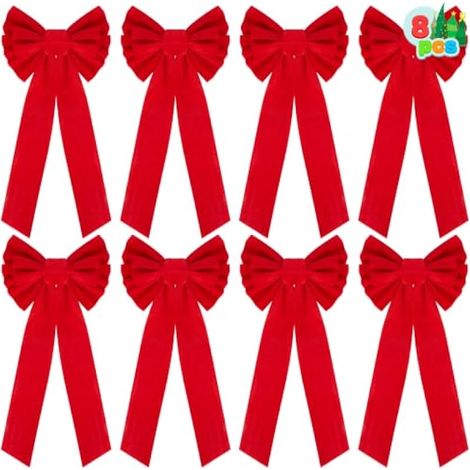 Lot de 8 nœuds de Noël en velours rouge, 66 cm de long sur 25 cm de large, nœuds décoratifs pour guirlandes de Noël, décorations de Noël intérieures et extérieures. (1/4)