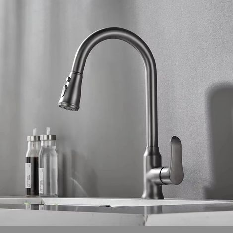 Robinet de cuisine extractible en acier inoxydable (gris anthracite - G1/2), double usage eau chaude/eau froide, anti-éclaboussures, chauffe rapide, robinet de lavabo domestique (1/5)