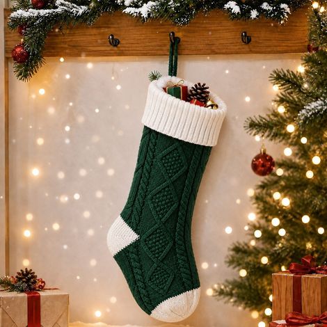 Chaussette de Noël verte en tricot grand format, sac cadeau bonbons, décoration suspendue de fête avec motif losange coloré pour sapin et cheminée