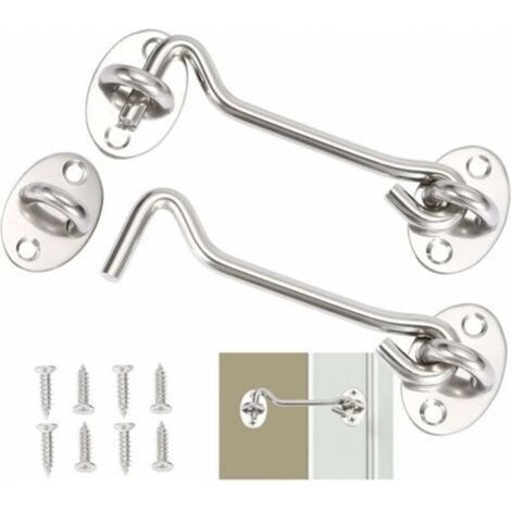 Crochet Cabin Hook 2 Pieces, Hook Door Latch, Silver Stainless Steel Door Hook Lock, With Mounting Screws, For Window, Barn Door, Shed Door, Garage Door (10cm) (1/5)