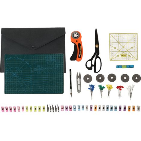 Kit de patchwork : planche de découpe, couteaux rotatifs, clips, aiguilles, ciseaux en U, cutter rotatif pour loisirs créatifs DIY (1/5)