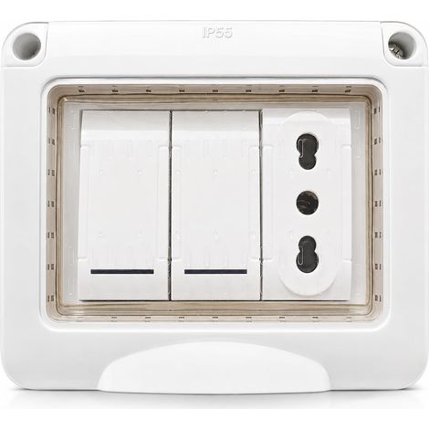 Caisse électrique prête avec prise et 2 interrupteurs pour encastré et avec support extérieur IP55 boîte murale, prise courant électrique IP55, boîte + 2 interrupteurs + 1 prise, blanc (1/5)