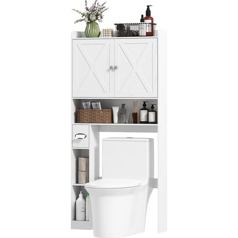 Meuble WC avec porte de style grange, étagère réglable, compartiments et porte-papier toilette, blanc