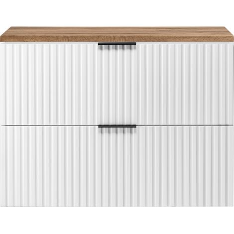 Furnidea - Meuble sous vasque à suspendre FLOW blanc avec le plan chêne wotan 80 cm - 2 tiroirs - façades rainurées (1/5)