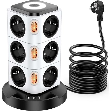 Multiprise Electrique, 12 Compartiments Multiprise avec USB, Multi Prise de Protection Contre Les Surtensions Tower avec 4 Interrupteurs, Veilleuse Design et USB-A, USB-C Câble 3M (1/5)