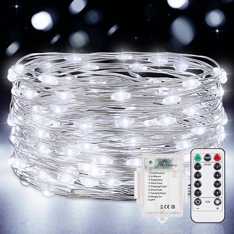 Batteriebetriebene Lichterkette mit Timer, 10 m, 100 LEDs, Mikrokabel, 8 Modi, für Innendekoration, Hochzeiten, Weihnachten, Partys, Kaltweiß (1/5)