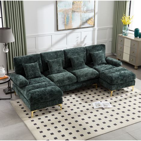 Divano da 4 posti, divano verde in tessuto felpa (chenille) con 2 poltrone reclinabili, per soggiorno, camera da letto, ufficio, appartamento, chalet, sala living (1/5)