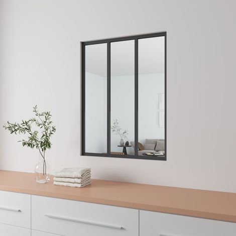 Aica Sanitaire – Verrière intérieure en aluminium noir mat 93x108cm – Vitrage trempé 4mm – 3 carreaux – Kit complet pour séparation lumineuse (1/5)