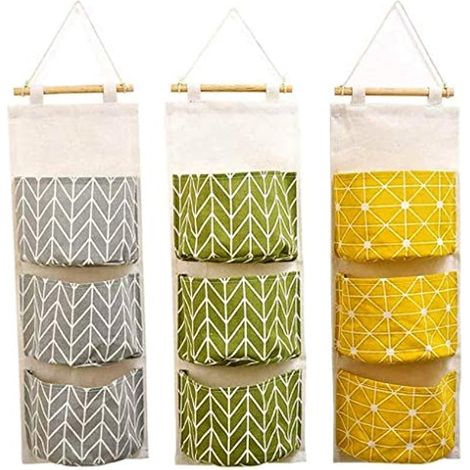 3 Pochettes murales suspendues, 60 x 20 cm, 3 couches empilables - Organisateur en lin imperméable à grandes poches pour chambre, salle de bain, cuisine, bureau, dressing, penderie