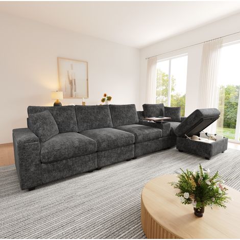 Modulares Ecksofa mit Ottomane, 5-6 Plätze, 313 x 147 x 82 cm, Chenille grau OKMYHOME (1/5)