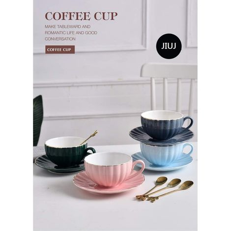 Tassen mit Untertasse, Basic für Tee, Kaffee, Cappuccino, für 1 Person, Keramik-Kaffeelöffel, Tasse, Untertasse, Europäisches Teeservice, Phnom Penh, Schlicht, Grün, Blau, Marineblau (1/5)