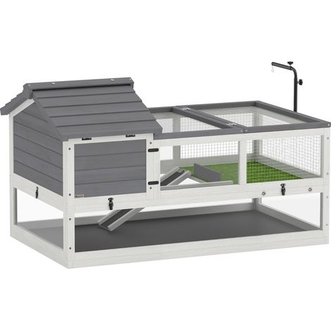 Maison pour tortue en bois gris avec deux abris, zone de repos, terrasse, panneaux transparents, couvercle ouvrant et support de lampe réglable CHICFURN (1/5)