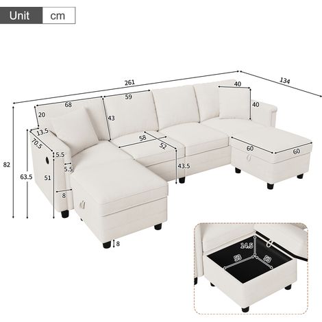 Sofá modular convertible en forma de L y U, con 2 otomanas con espacio de almacenamiento y 2 cojines decorativos, tejido de chenilla resistente, sofá moderno multifuncional para salones y apartamentos (1/5)
