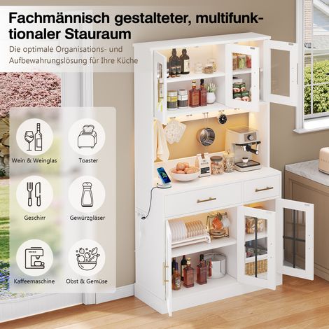 Buffet campagnard avec éclairage LED et prise intégrée, 6 portes, 2 tiroirs, tablettes ajustables, poignées dorées, meuble de rangement blanc, 180x100 cm (1/5)