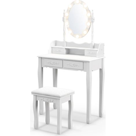 Toeletta con specchio ovale e illuminazione a LED 75 x 40 x 145 cm pratica e moderna in MDF bianco 200011509