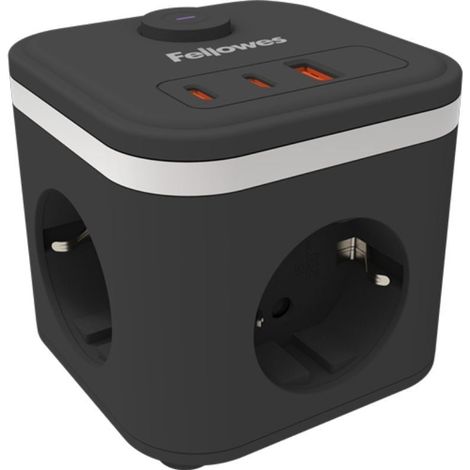 Fellowes Cubo multienchufe, alargador compacto con 3 tomas, 2 USB-C, 1 USB-A, cable de 2m e interruptor encendido/apagado, cargador multipuerto para escritorio, casa, oficina, ahorra espacio, Negro