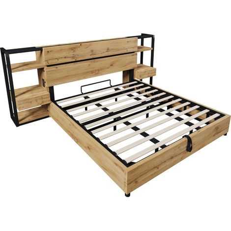 Cama doble 180 x 200 cm con almacenaje hidráulico, cabecero con cajones, USB y Type-C, roble (1/5)