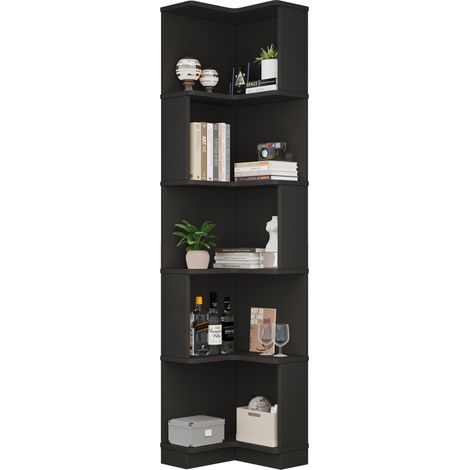 Bibliothèque d’angle LED en MDF noir, 5 niveaux de rangement, éclairage multicolore piloté par application, format 63,5 x 45 x 175 cm pour bureau – CHICFURN (1/5)