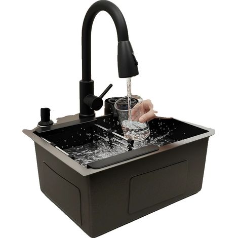 Grifo de cocina extraíble, 45x40cm, dispensador de jabón de 300ml, longitud de extracción de 40cm, nanorrevestimiento, rectangular. (1/5)