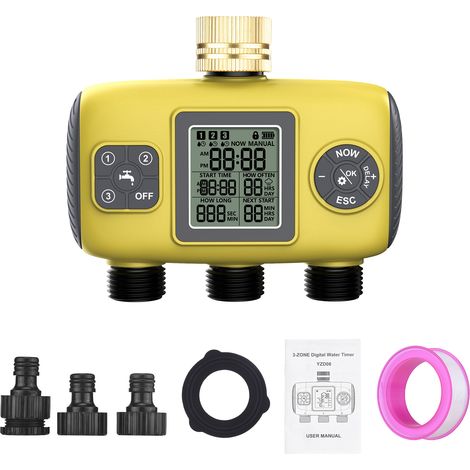 Minuterie eau système irrigation 3 sorties jardin – Programmable vannes minuteries automatiques entrée laiton retard pluie arrosage manuel LCD IPX5 pelouse jaune UK (1/5)