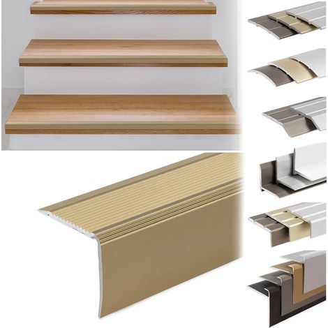 Profilé de nez de marche en L - Lot de 3 - Aluminium doré - Protection et finition pour escaliers - Parquet et stratifié - 134 x 3 x 3,5 cm (1/5)