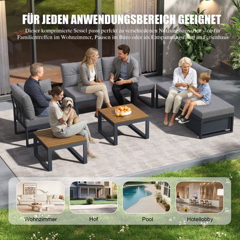 Set de Mobilier de Jardin Polyvalent, Dossier Réglable en 3 Étapes et Fonction Chaise Longue, Coussin Confort Epais, Rangement, Tissu Polyester Résistant à l'Humidité, Gris Foncé (Terrasse/Balcon/Jard (1/5)