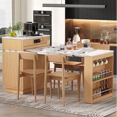 Mesa de cocina extensible (58x80.5x94 cm), con iluminación LED, carga USB y Type-C, MDF color natural (1/5)