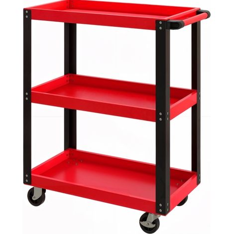 Chariot d’atelier 3 niveaux en métal rouge, 120 kg, avec roulettes freinées et poignée, pour outils et accessoires, idéal garage et atelier  CHICFURN (1/5)