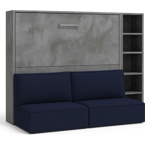 Lit escamotable horizontal LOGIA lit+canapé+étagère Bleu marine-140x190-Canapé Bleu marine-Structure Gris ciment-Version lit+canapé+étagère (1/5)