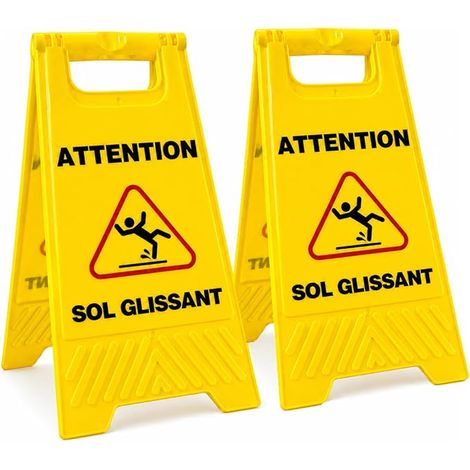 Panneau Sol Glissant 44 cm, Chevalet Jaune Double Face en Français, Panneau Attention Sol Glissant Pliable avec Poignée pour Restaurant, Hôtel, Bureau, Magasin, Toilettes (1/3)