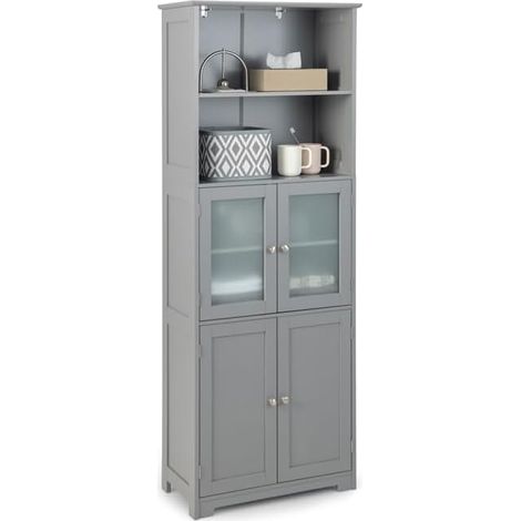 Goplus – Colonne de salle de bain 60x30x163cm – Meuble de rangement 6 niveaux avec 2 étagères ouvertes et 2 compartiments – Verre trempé et MDF résistant à l'humidité