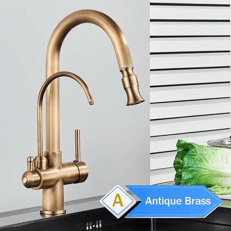 Robinet de cuisine filtrant l'eau (laiton antique A) 2 en 1 avec douchette extractible, système de purification d'eau et mitigeur pivotant à 2 voies Crane. (1/5)