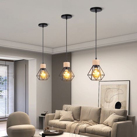 Pendant Light in Cage Diamond Made of Metal E27 Ceiling Light in Wood for Kitchen Island Dining Room Black 3PCS (1/5)
