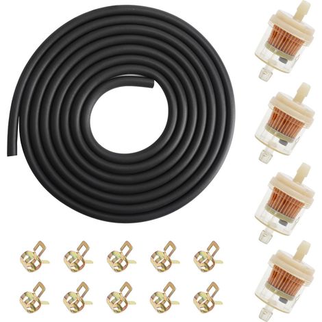 Filtre à Carburant avec 4 Filtres et 10 Colliers de Serrage, Tuyau de Carburant de 3 m, Filtre Essence pour Cyclomoteurs, Motos, Scooters, Tondeuses à Gazon et Voitures (1/5)