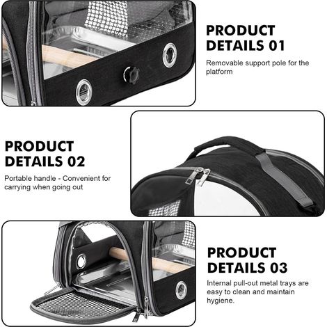 Boîte de transport pour oiseaux : sac à dos pour oiseaux avec perchoir et plateau en acier inoxydable, boîte de transport légère et respirante, cage de voyage pour perroquets perruches (noir) (1/2)